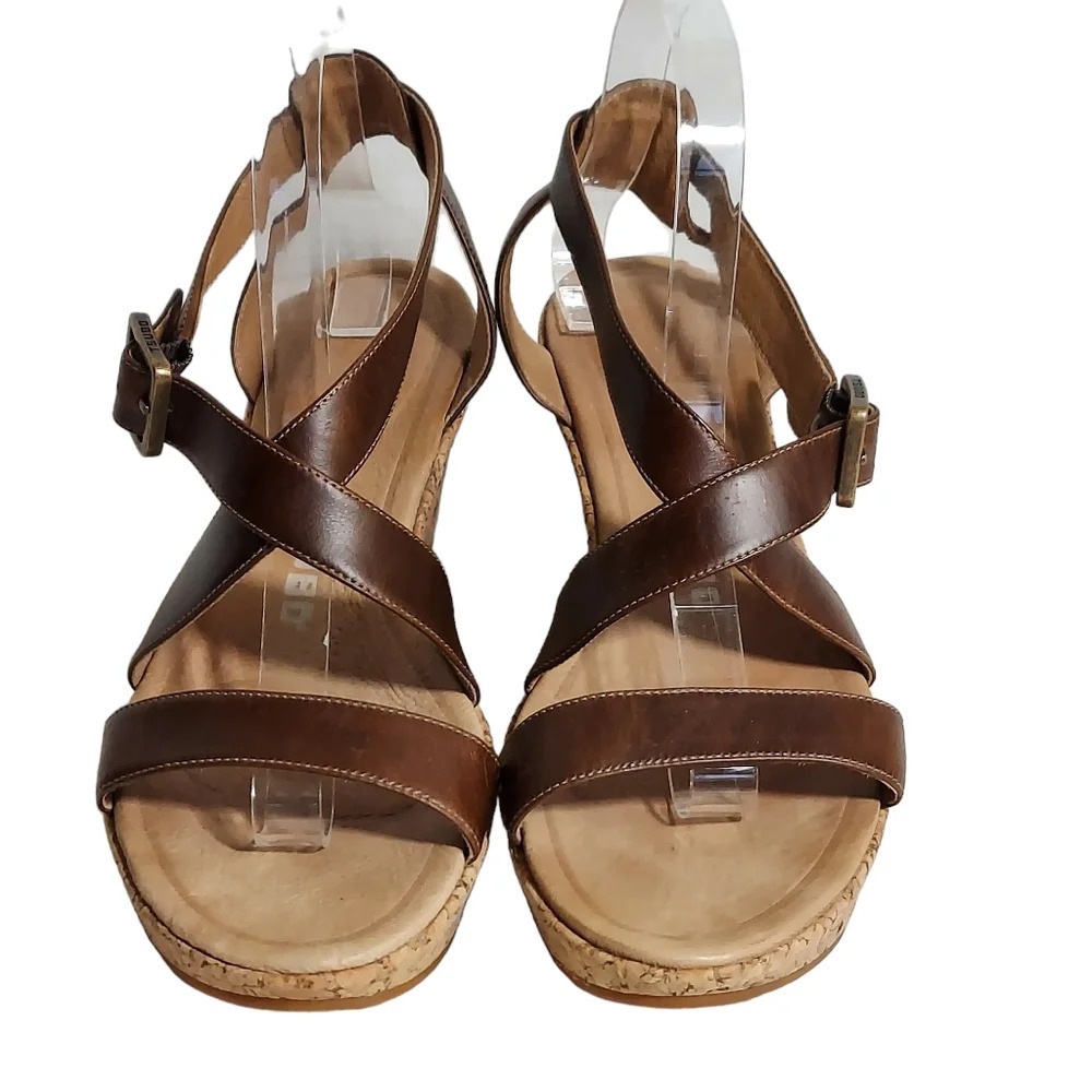 Tsubo Olivette BrownTan Leather Strappy Cork‎ Wedge Platforms